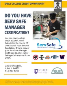 Flier Describint the process to claim college credit for the Serv Safe Manager Certification course at Joliet Junior College